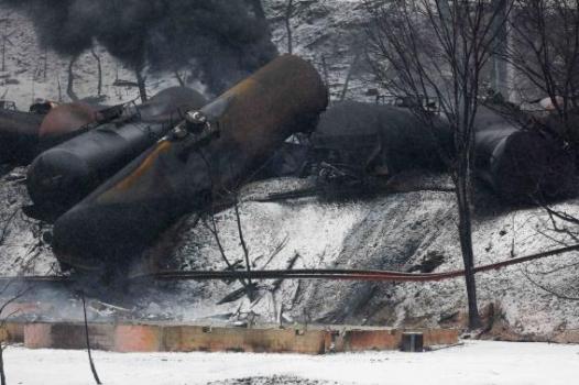 A CSX Corp train continues burning a day after derailing in Mount Carbon, West Virginia